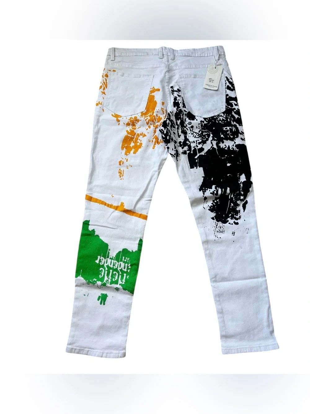 Slim White Men's Jeans with Black, Green & Yellow Graphic Prints